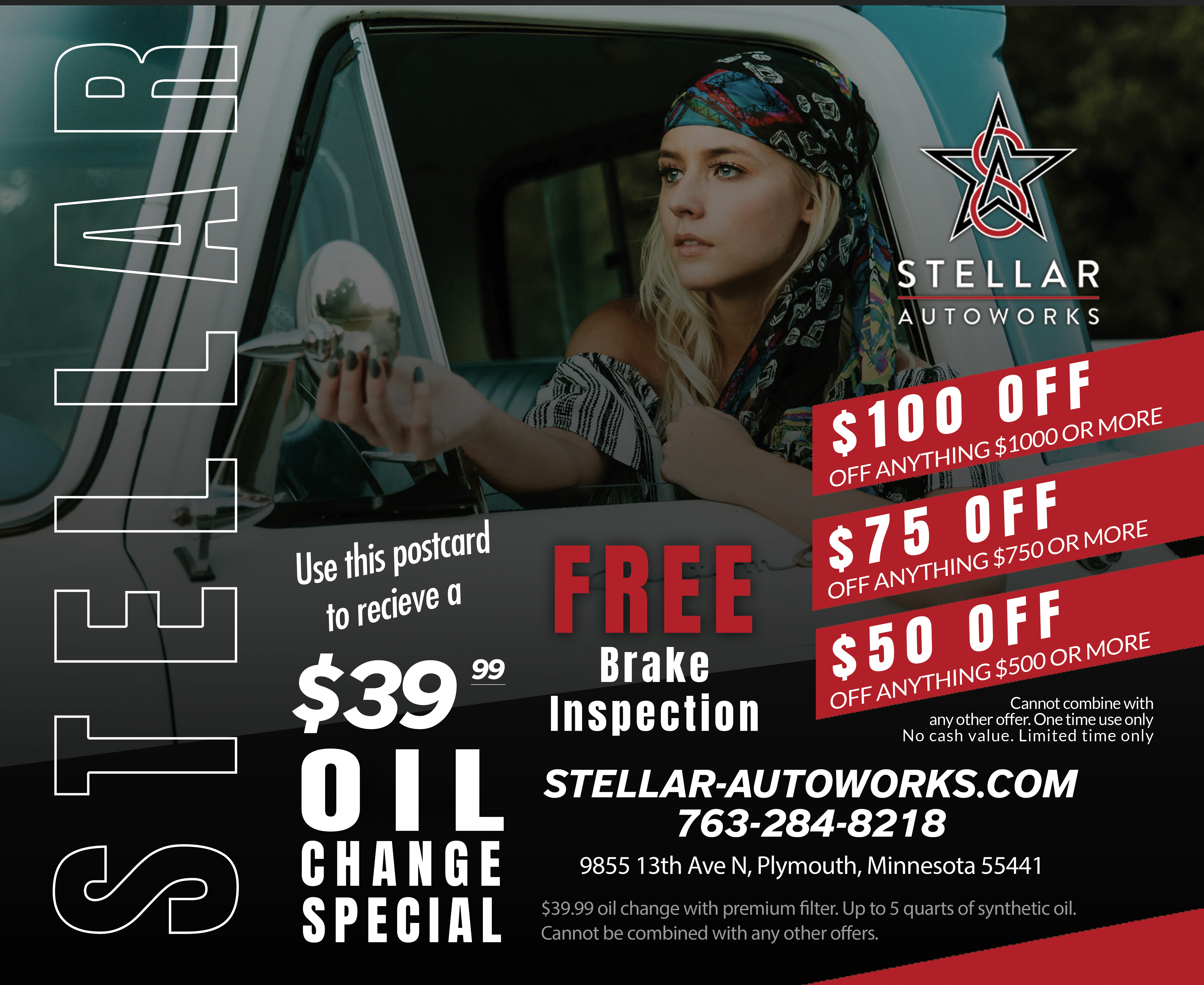 Stellar Autoworks auto repair specials mailer featuring oil change and repair offers in Plymouth MN
